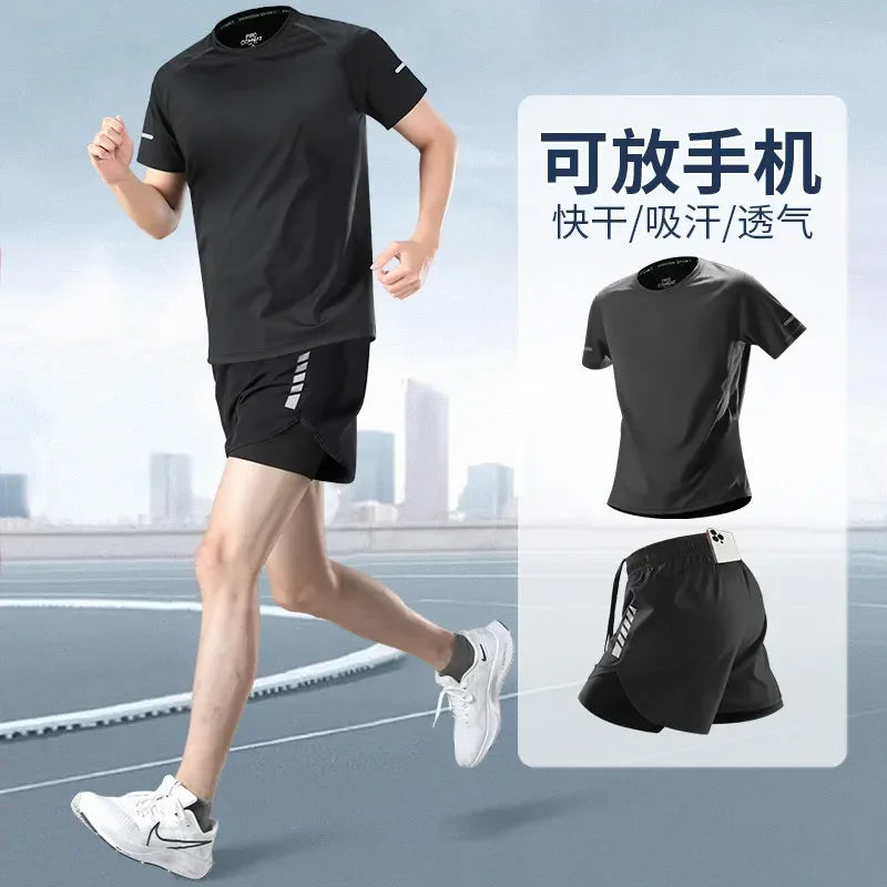 Fitness clothes - Men's sports suit, summer short-sleeved T-shirt, marathon professional training running shorts