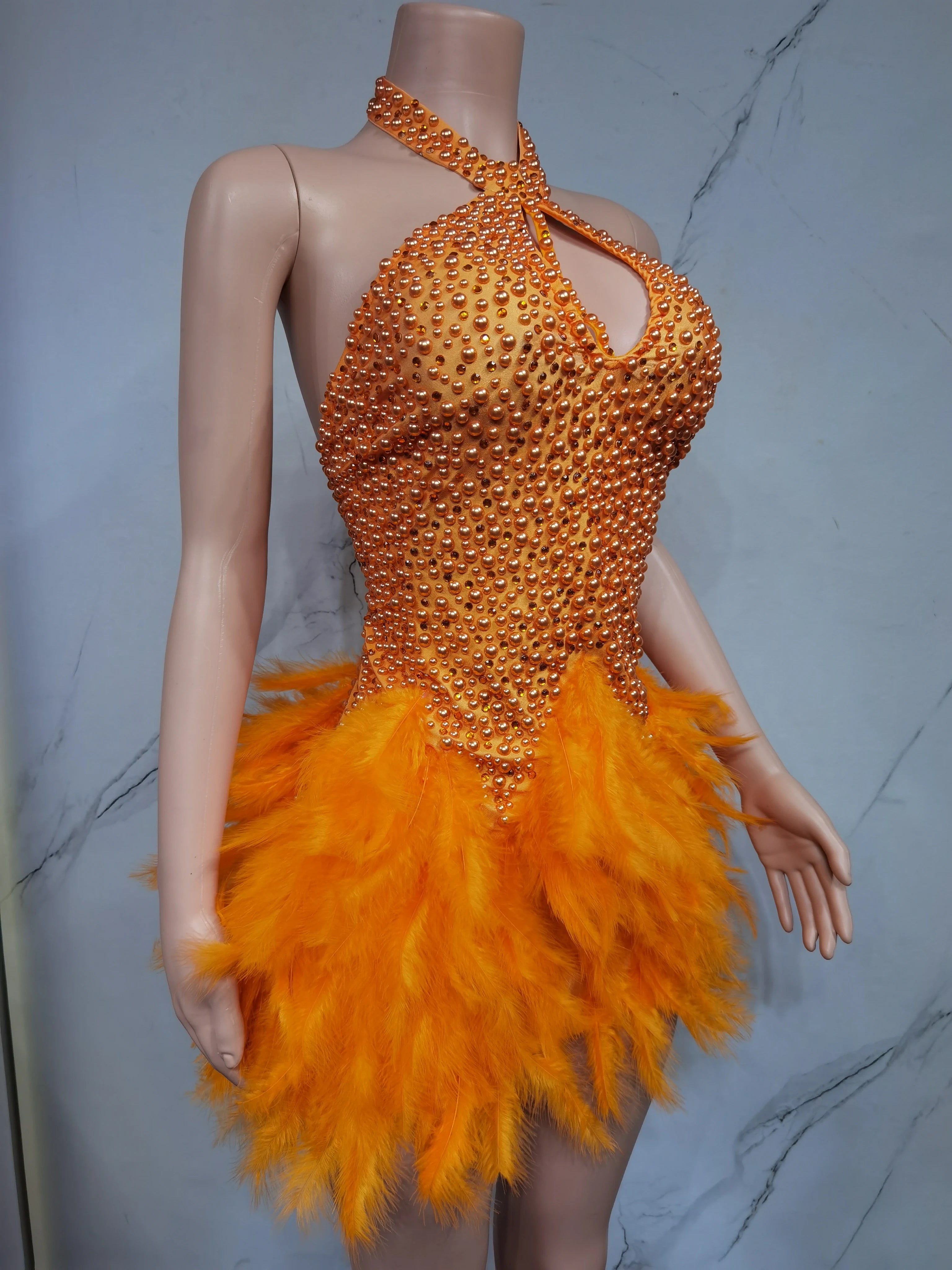 Fashion 2025new sexy Latin dance dress with airy hollow design, feather skirt hanging neck skirt