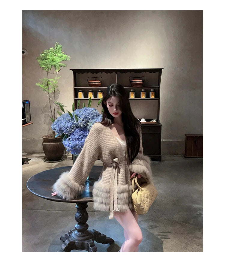 Fashionable Autumn Winter  Fur Knitted Open Cardigan Women's Mid-Length Waist-Cinching White Sweater High-Fashion Copy