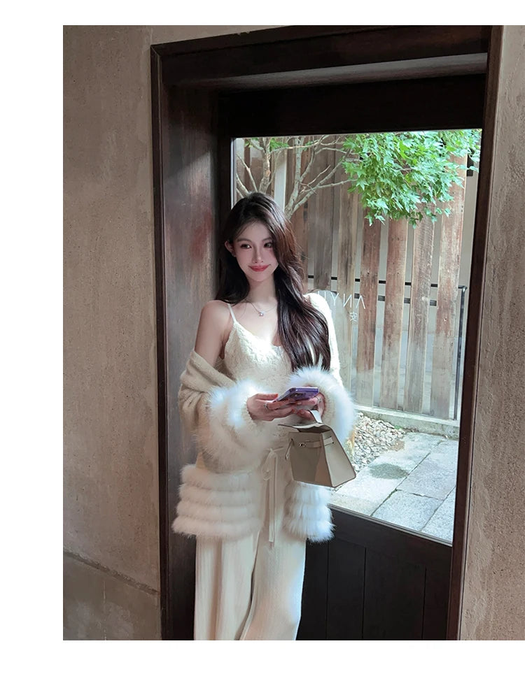Fashionable Autumn Winter  Fur Knitted Open Cardigan Women's Mid-Length Waist-Cinching White Sweater High-Fashion Copy
