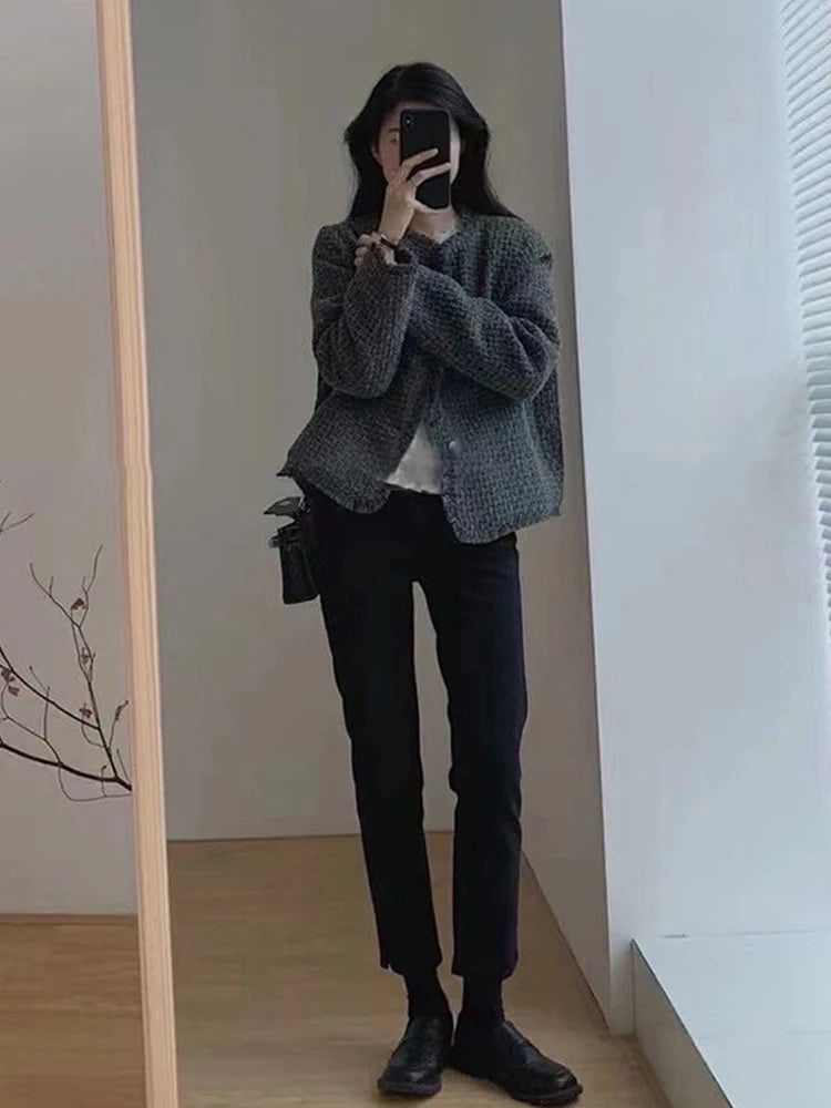 Fashionable Short Woolen Coat Women's Spring Autumn Loose Long Sleeve Tassel  Simple Style Outerwear Warm Pure Color