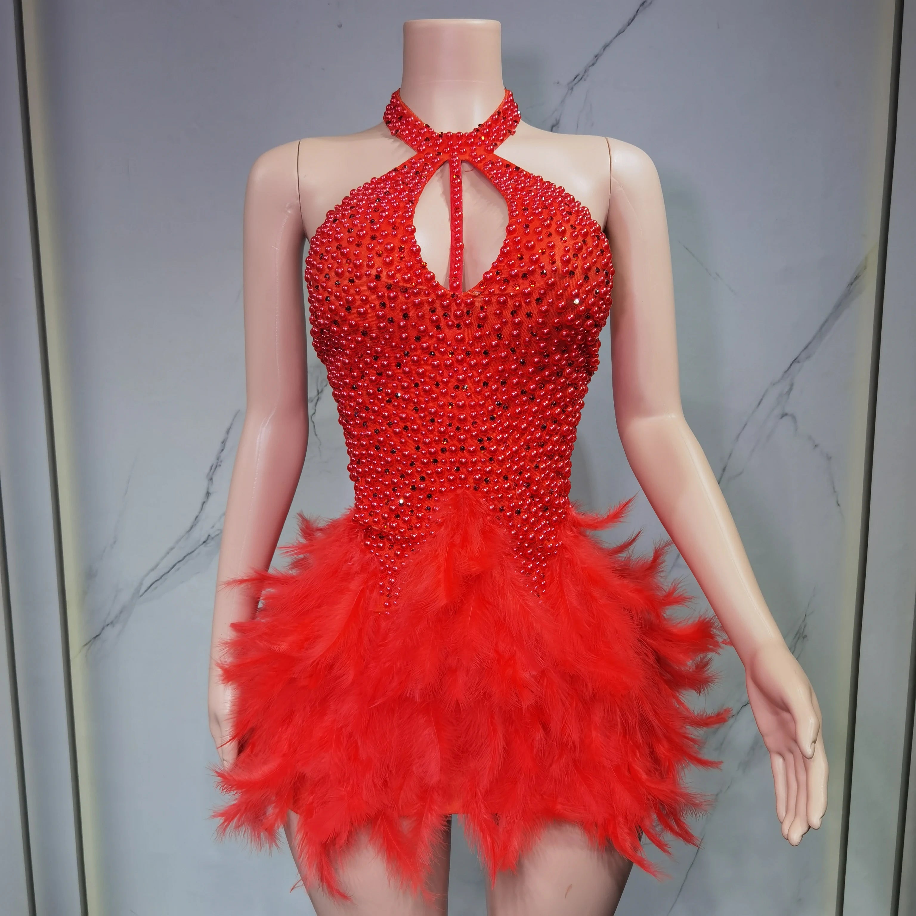 Fashion 2025new sexy Latin dance dress with airy hollow design, feather skirt hanging neck skirt