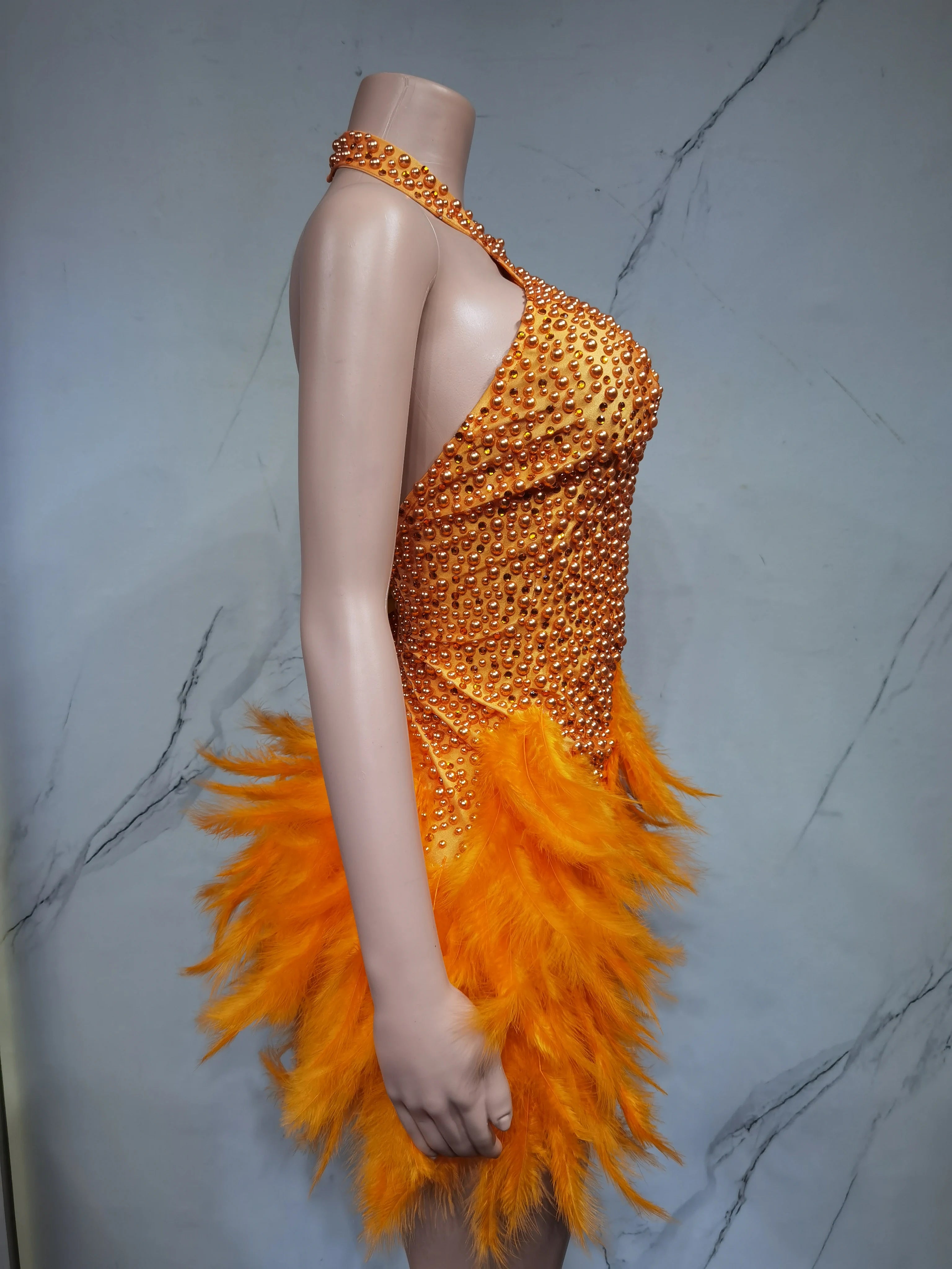 Fashion 2025new sexy Latin dance dress with airy hollow design, feather skirt hanging neck skirt