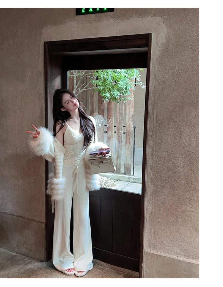 Fashionable Autumn Winter  Fur Knitted Open Cardigan Women's Mid-Length Waist-Cinching White Sweater High-Fashion Copy