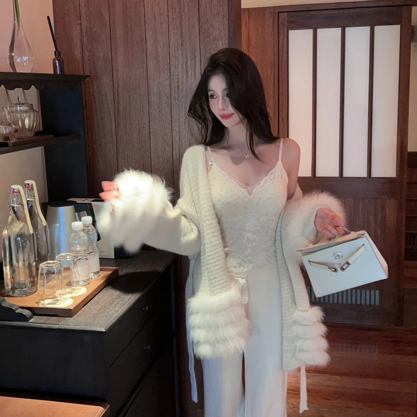 Fashionable Autumn Winter  Fur Knitted Open Cardigan Women's Mid-Length Waist-Cinching White Sweater High-Fashion Copy