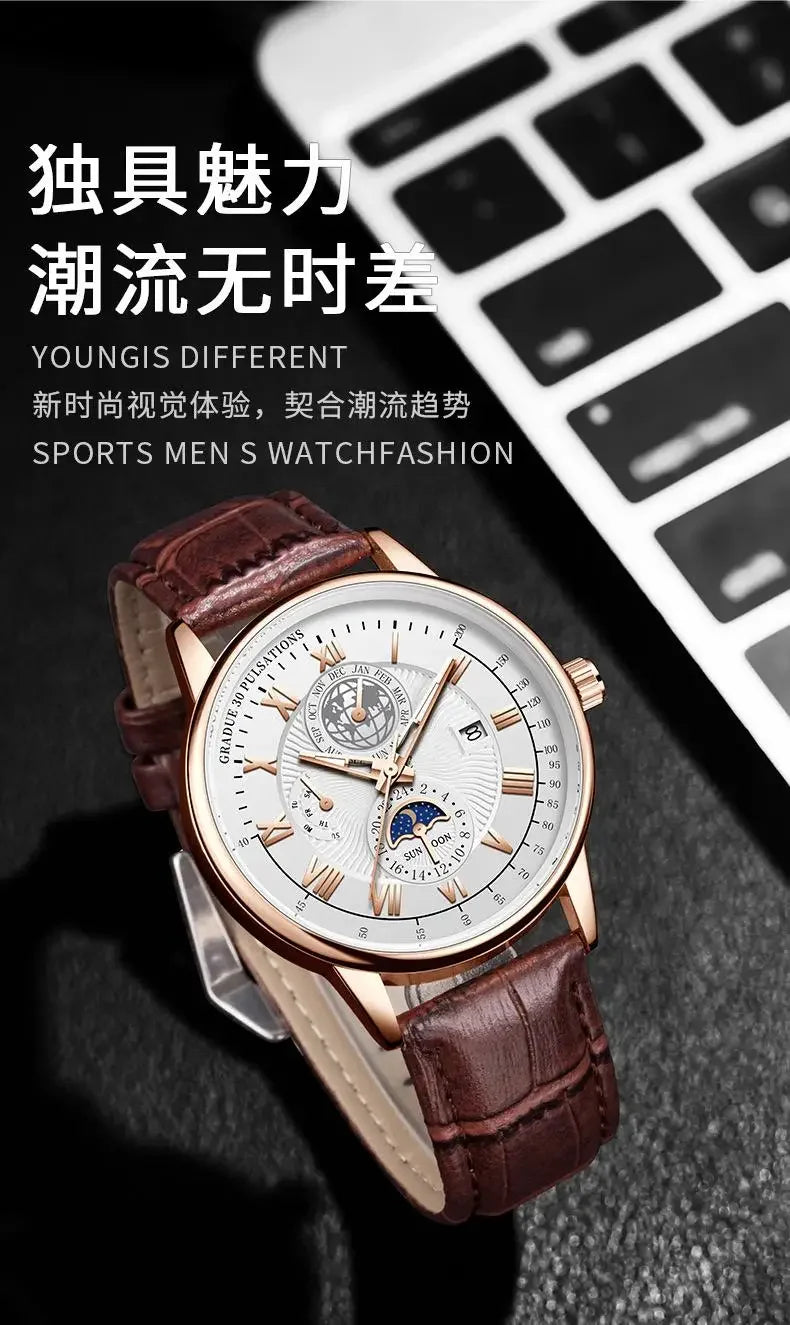 2024 Fashion Men Watch Fashion Top Luxury Sport Men's Wristwatch Waterproof Luminous Leather Date Quartz Watches Man Clock