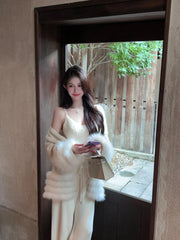 Fashionable Autumn Winter  Fur Knitted Open Cardigan Women's Mid-Length Waist-Cinching White Sweater High-Fashion Copy