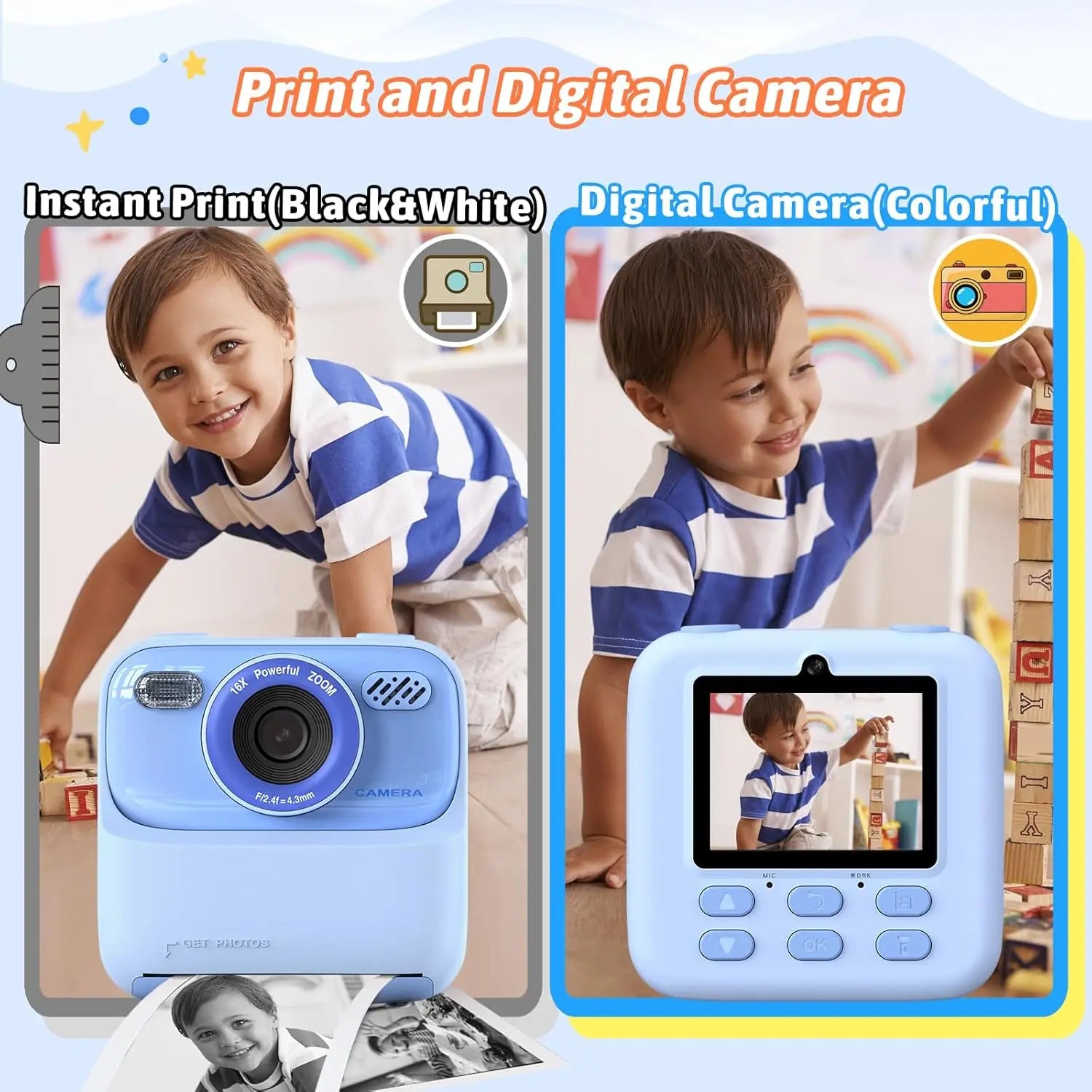 Kid Camera Instant Print Photo Kids Digital Camera Children Video Recorder Toys Pocket Thermal Photo Printer for Boys Girls Gift