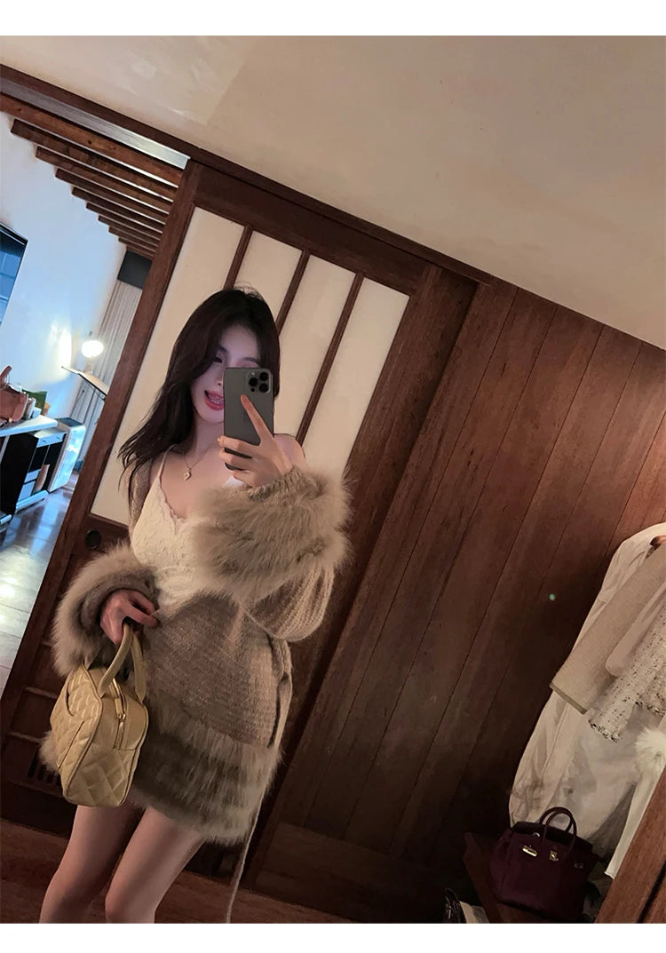 Fashionable Autumn Winter  Fur Knitted Open Cardigan Women's Mid-Length Waist-Cinching White Sweater High-Fashion Copy