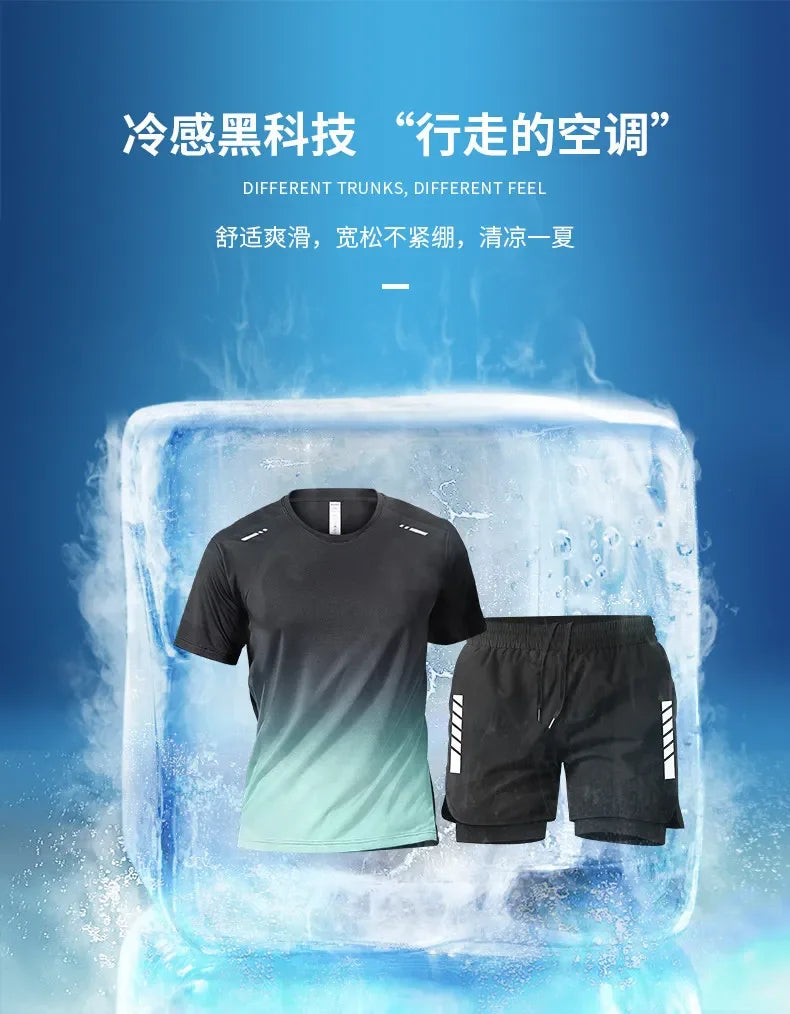 Fitness clothes - Men's running sports suit - Quick-drying ice silk - Summer new style short-sleeved shorts - Training suit