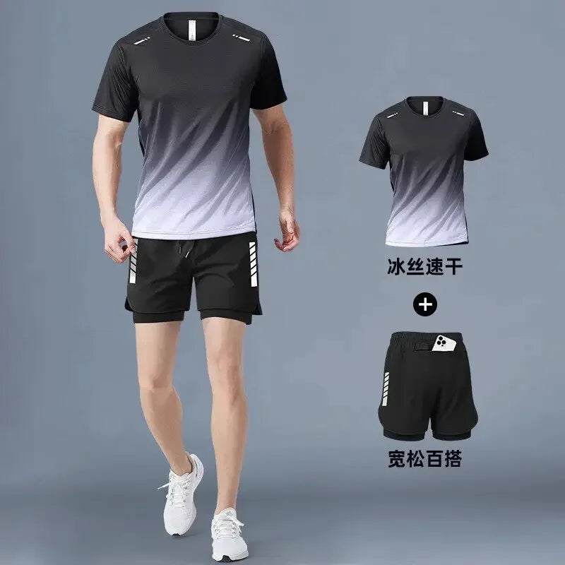 Fitness clothes - Men's running sports suit - Quick-drying ice silk - Summer new style short-sleeved shorts - Training suit
