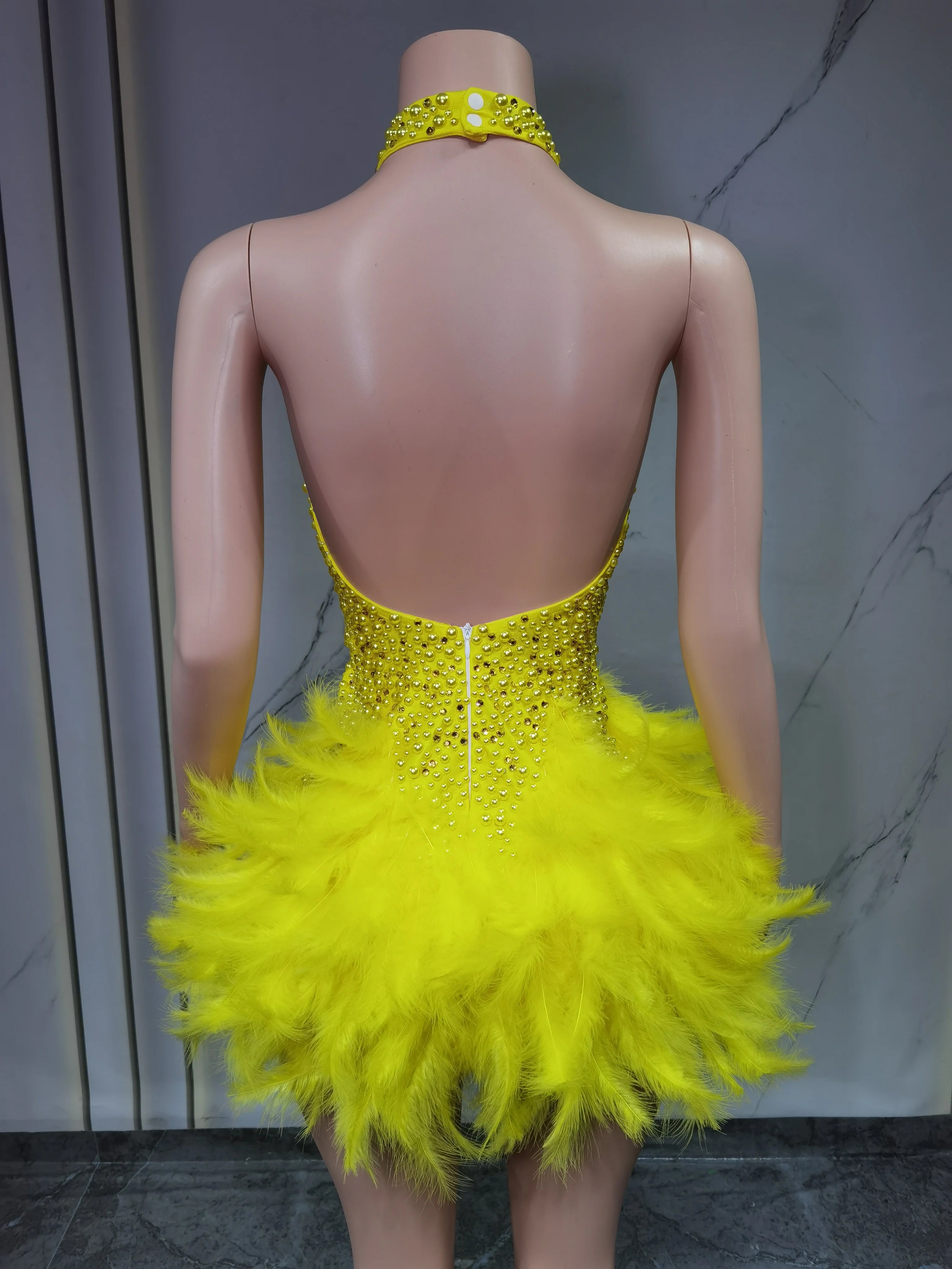 Fashion 2025new sexy Latin dance dress with airy hollow design, feather skirt hanging neck skirt