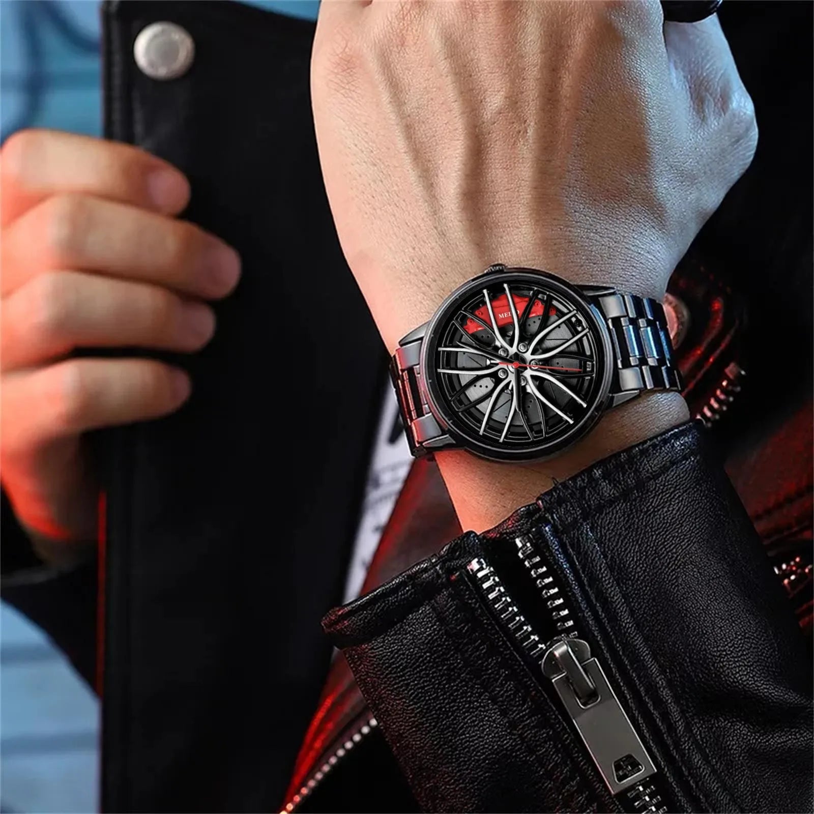 Car Watches For Men Waterproof Stainless Steel Quartz Wrist Watch Sports Men's Watches With Car Wheel Rim Hub Design