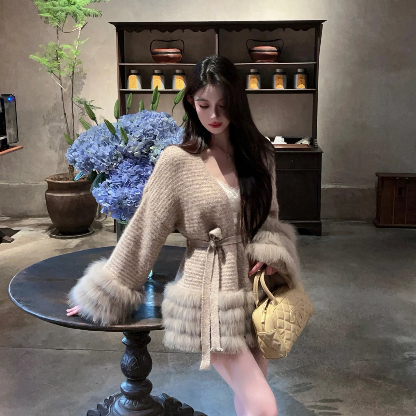 Fashionable Autumn Winter  Fur Knitted Open Cardigan Women's Mid-Length Waist-Cinching White Sweater High-Fashion Copy