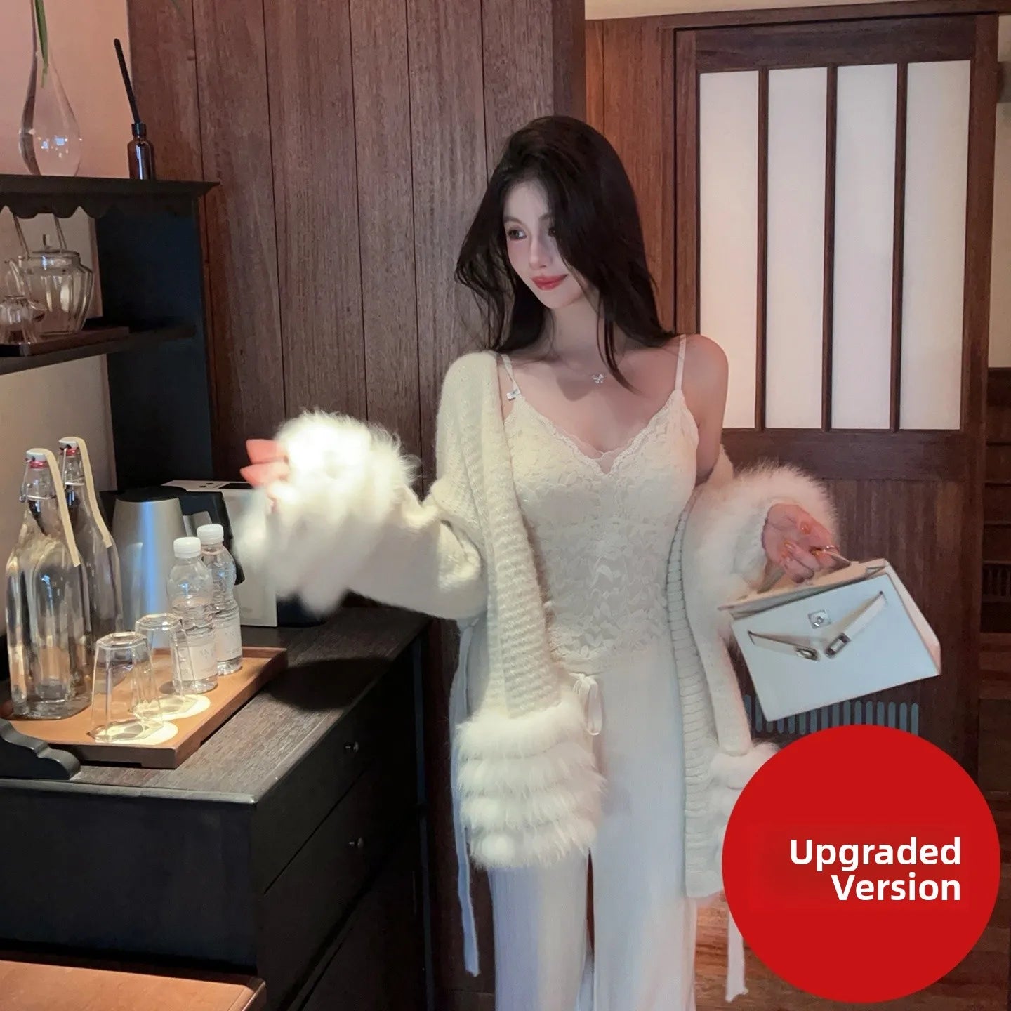 Fashionable Autumn Winter  Fur Knitted Open Cardigan Women's Mid-Length Waist-Cinching White Sweater High-Fashion Copy