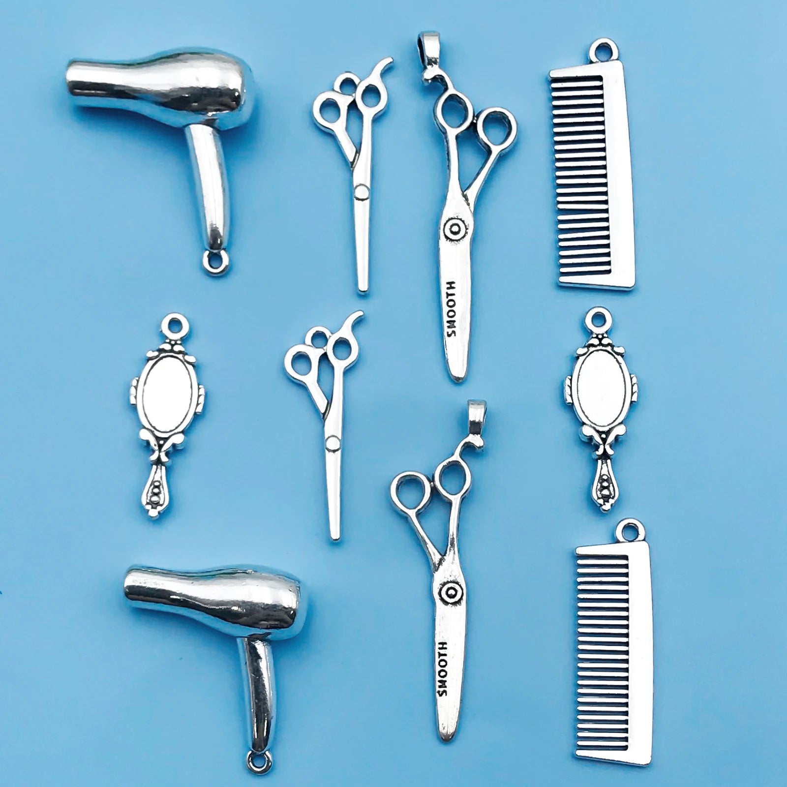 6/10Pcs Antique Silvery Barber Tool Charms Hairdrier Scissors Comb Makeup Mirror Shape Pendants For Jewelry Making Findings Craf