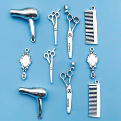 6/10Pcs Antique Silvery Barber Tool Charms Hairdrier Scissors Comb Makeup Mirror Shape Pendants For Jewelry Making Findings Craf
